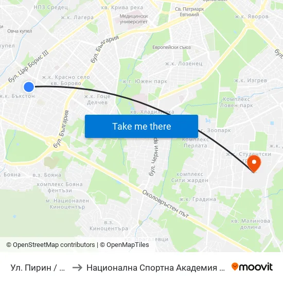 Ул. Пирин / Pirin St. to Национална Спортна Академия Васил Левски map