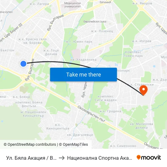 Ул. Бяла Акация / Byala Akatsiya St. to Национална Спортна Академия Васил Левски map