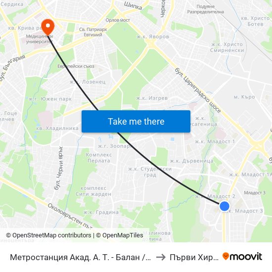 Метростанция Акад. А. Т. - Балан / Acad. A. T.-Balan Metro Station (1917) to Първи Хирургичен Блок map