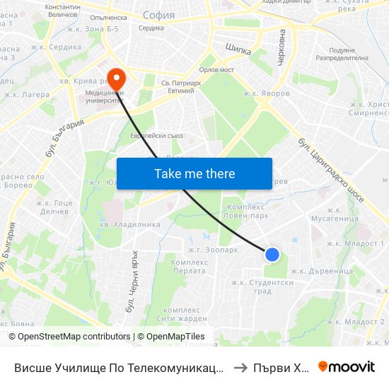 Висше Училище По Телекомуникации / University Of Telecommunications And Post (1397) to Първи Хирургичен Блок map