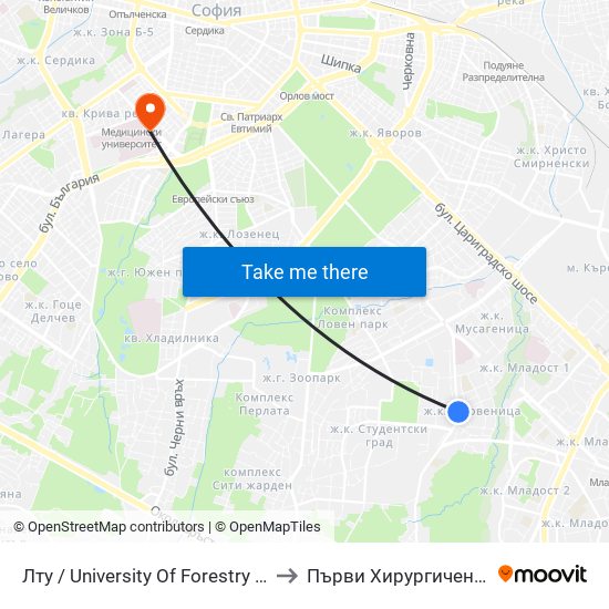 Лту / University Of Forestry (0617) to Първи Хирургичен Блок map