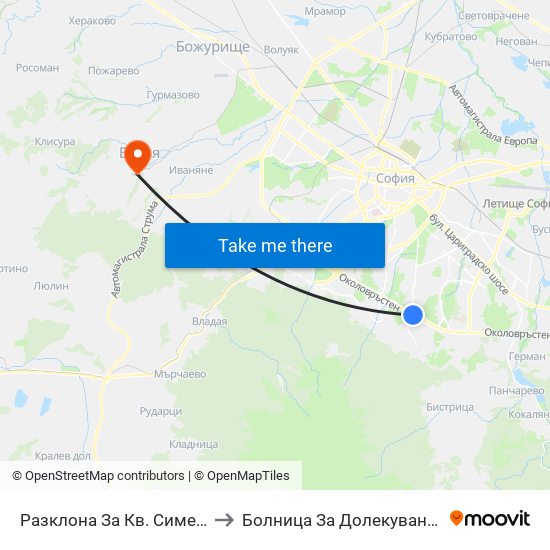 Разклона За Кв. Симеоново / Fork Road To Simeonovo Qr. (1459) to Болница За Долекуване, Продължително Лечение И Рехабилитация map