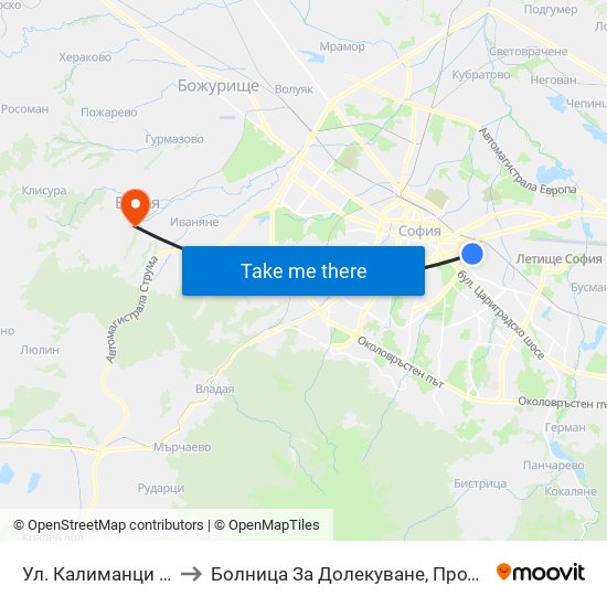 Ул. Калиманци / Kalimantsi St. (1972) to Болница За Долекуване, Продължително Лечение И Рехабилитация map