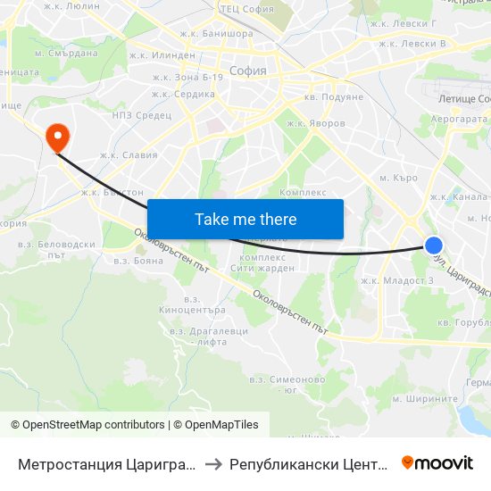 Метростанция Цариградско Шосе / Tsarigradsko Shosse Metro Station (1016) to Републикански Център По Протезиране И Възстановителна Хирургия map