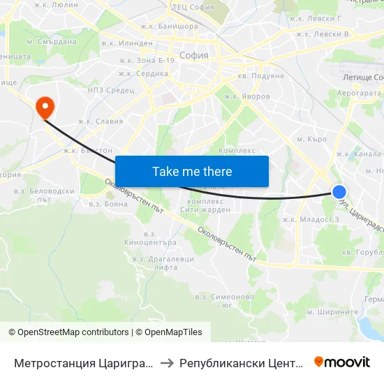 Ⓜ️ Метростанция Цариградско Шосе / Tsarigradsko Shosse Metro Station (1016) to Републикански Център По Протезиране И Възстановителна Хирургия map