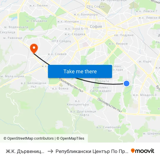 Ж.К. Дървеница / Darvenitsa Qr. (1015) to Републикански Център По Протезиране И Възстановителна Хирургия map