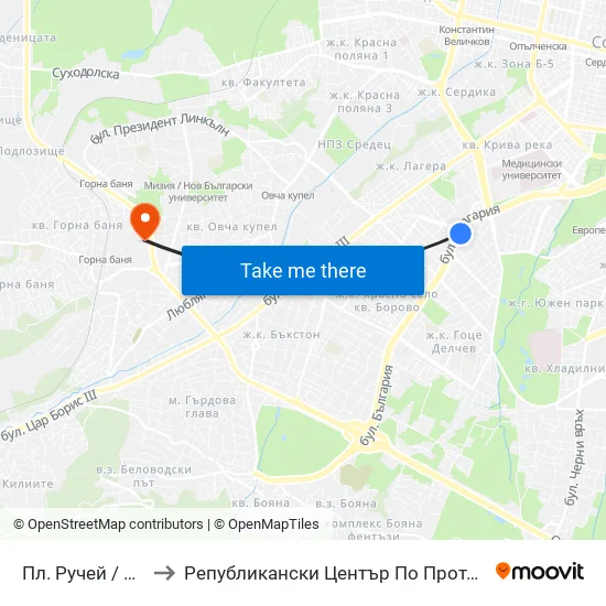 Пл. Ручей / Ruchey Sq. (1301) to Републикански Център По Протезиране И Възстановителна Хирургия map