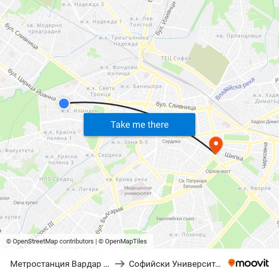 Метростанция Вардар / Vardar Metro Station (1045) to Софийски Университет “Св. Климент Охридски"" map