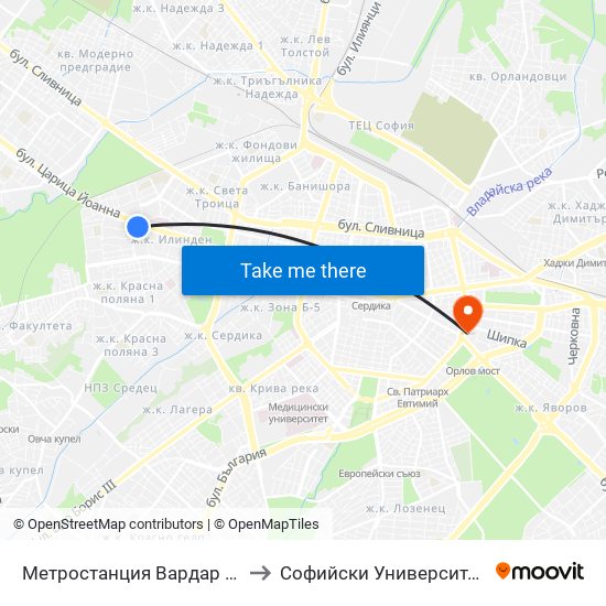 Метростанция Вардар / Vardar Metro Station (1046) to Софийски Университет “Св. Климент Охридски"" map