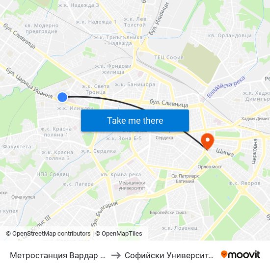 Метростанция Вардар / Vardar Metro Station (1044) to Софийски Университет “Св. Климент Охридски"" map