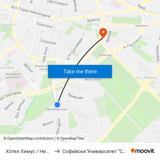 Хотел Хемус / Hemus Hotel (2330) to Софийски Университет “Св. Климент Охридски"" map