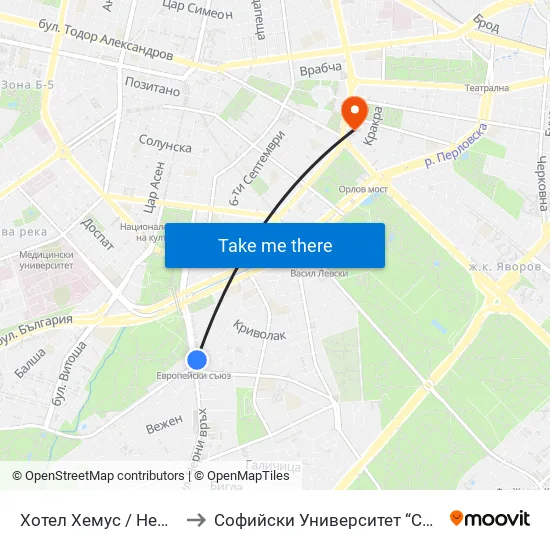 Ⓜ️ Хотел Хемус / Hemus Hotel (2330) to Софийски Университет “Св. Климент Охридски"" map