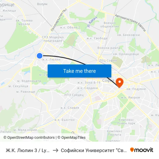 Ж.К. Люлин 3 / Lyulin 3 Qr. (0654) to Софийски Университет “Св. Климент Охридски"" map