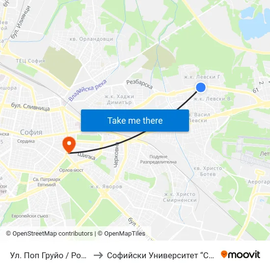 Ул. Поп Груйо / Pop Gruyu St. (2128) to Софийски Университет “Св. Климент Охридски"" map