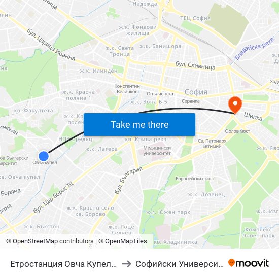 Етростанция Овча Купел / Ovcha Kupel Metro Station  (0352) to Софийски Университет “Св. Климент Охридски"" map