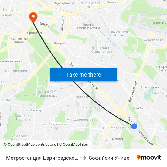 Ⓜ️ Метростанция Цариградско Шосе / Tsarigradsko Shosse Metro Station (1017) to Софийски Университет “Св. Климент Охридски"" map