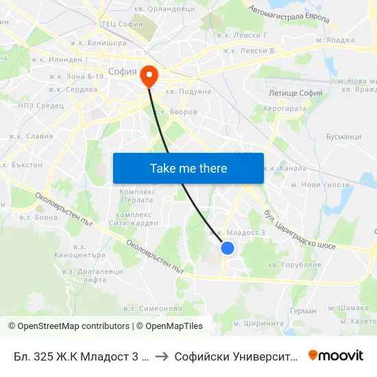 Бл. 325 Ж.К Младост 3 / Bl. 325, Mladost 3 Qr. (2488) to Софийски Университет “Св. Климент Охридски"" map