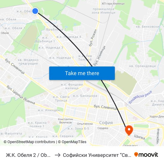 Ж.К. Обеля 2 / Obelya 2 Qr. (0678) to Софийски Университет “Св. Климент Охридски"" map