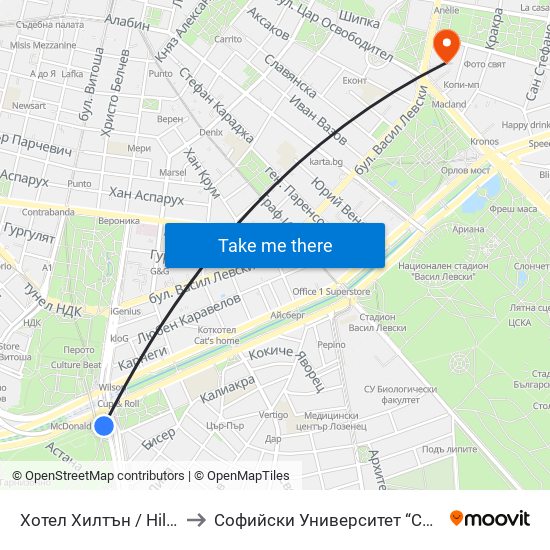 Хотел Хилтън / Hilton Hotel (0397) to Софийски Университет “Св. Климент Охридски"" map