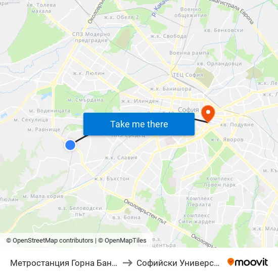 Ⓜ️ Метростанция Горна Баня / Gorna Banya Metro Station (0683) to Софийски Университет “Св. Климент Охридски"" map