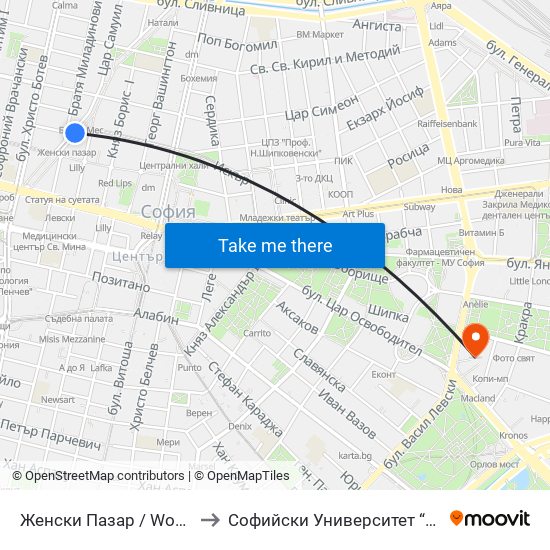Женски Пазар / Women’S Market (0378) to Софийски Университет “Св. Климент Охридски"" map