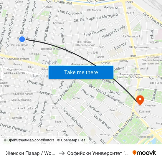 Женски Пазар / Women’S Market (0378) to Софийски Университет “Св. Климент Охридски"" map