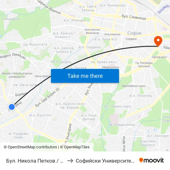 Бул. Никола Петков / Nikola Petkov Blvd. (0345) to Софийски Университет “Св. Климент Охридски"" map