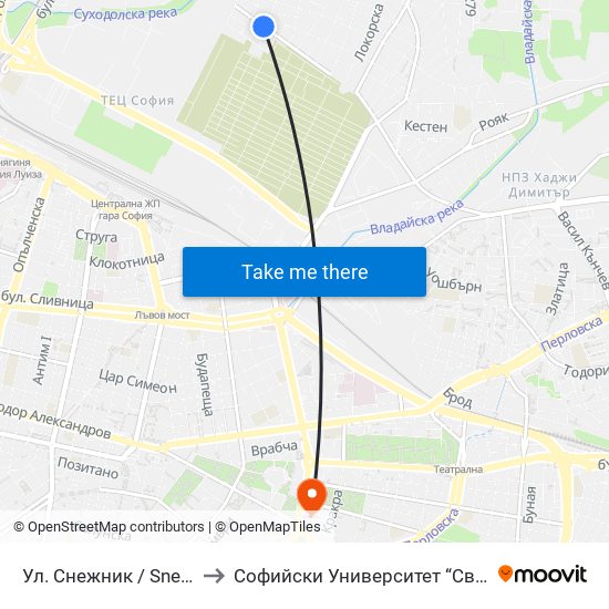 Ул. Снежник / Snezhnik St. (2176) to Софийски Университет “Св. Климент Охридски"" map