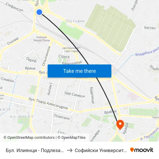 Бул. Илиянци - Подлеза / Iliyantsi Blvd. - Subway (1385) to Софийски Университет “Св. Климент Охридски"" map