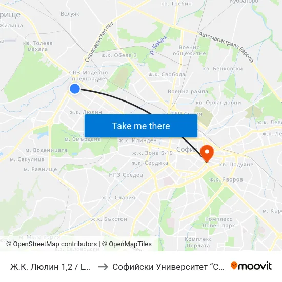 Ж.К. Люлин 1,2 / Lyulin 1,2 Qr. (0650) to Софийски Университет “Св. Климент Охридски"" map
