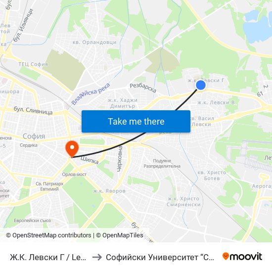 Ж.К. Левски Г / Levski G Qr. (0660) to Софийски Университет “Св. Климент Охридски"" map