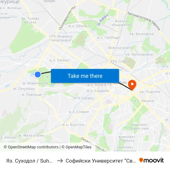 Яз. Суходол / Suhodol Dam (2383) to Софийски Университет “Св. Климент Охридски"" map
