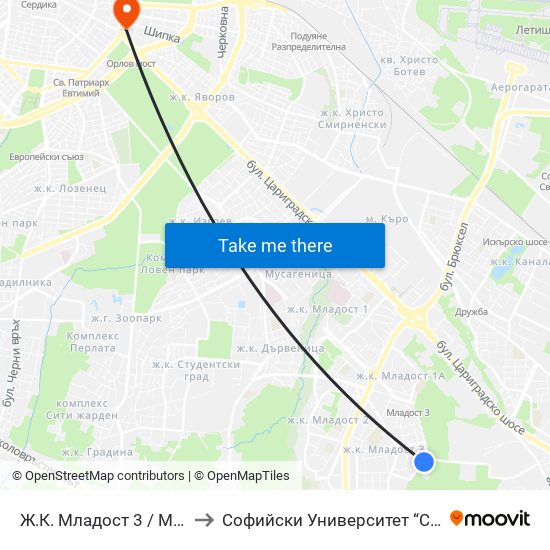 Ж.К. Младост 3 / Mladost 3 Qr. (0665) to Софийски Университет “Св. Климент Охридски"" map