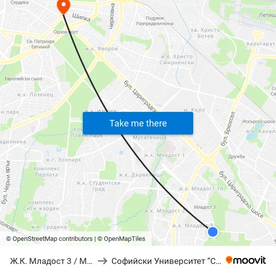 Ж.К. Младост 3 / Mladost 3 Qr. (0665) to Софийски Университет “Св. Климент Охридски"" map