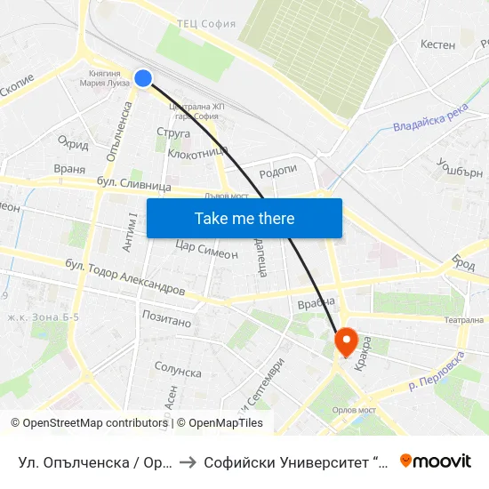 Ул. Опълченска / Opalchenska St. (2080) to Софийски Университет “Св. Климент Охридски"" map