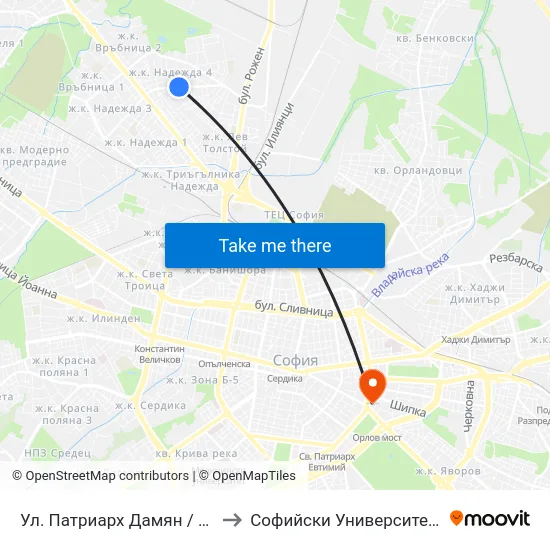 Ул. Патриарх Дамян / Patryarch Damyan St. (1225) to Софийски Университет “Св. Климент Охридски"" map