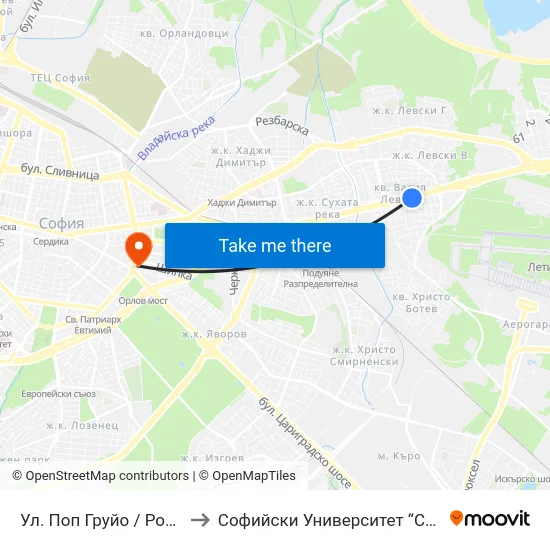 Ул. Поп Груйо / Pop Gruyo St. (2131) to Софийски Университет “Св. Климент Охридски"" map