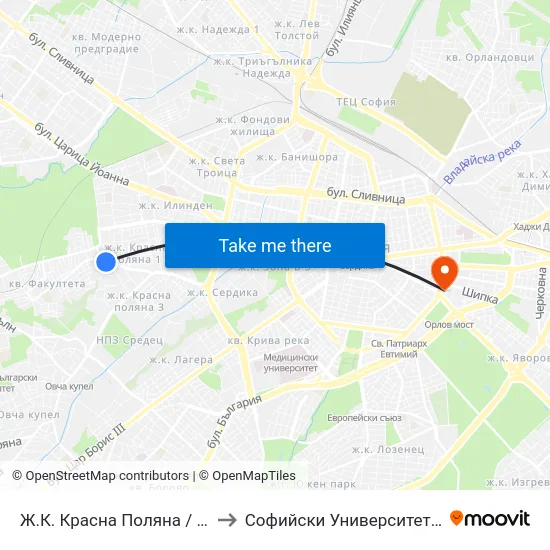 Ж.К. Красна Поляна / Krasna Polyana Qr. (2163) to Софийски Университет “Св. Климент Охридски"" map