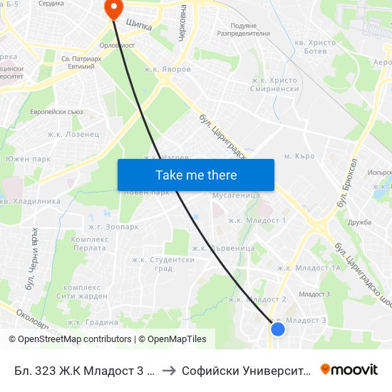 Бл. 323 Ж.К Младост 3 / Bl. 323, Mladost 3 Qr. (2486) to Софийски Университет “Св. Климент Охридски"" map