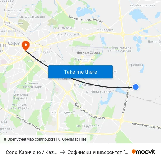 Село Казичене / Kazichene Village (1538) to Софийски Университет “Св. Климент Охридски"" map