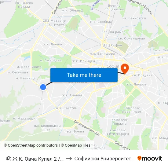 Ⓜ️ Ж.К. Овча Купел 2 / Ovcha Kupel 2 Qr. (0682) to Софийски Университет “Св. Климент Охридски"" map