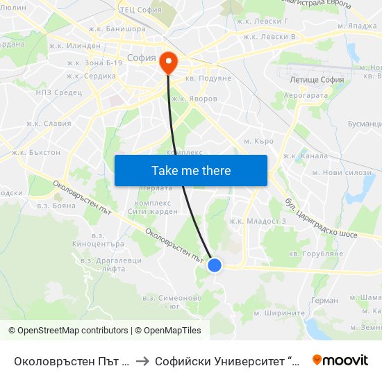 Околовръстен Път / Ring Road (0414) to Софийски Университет “Св. Климент Охридски"" map