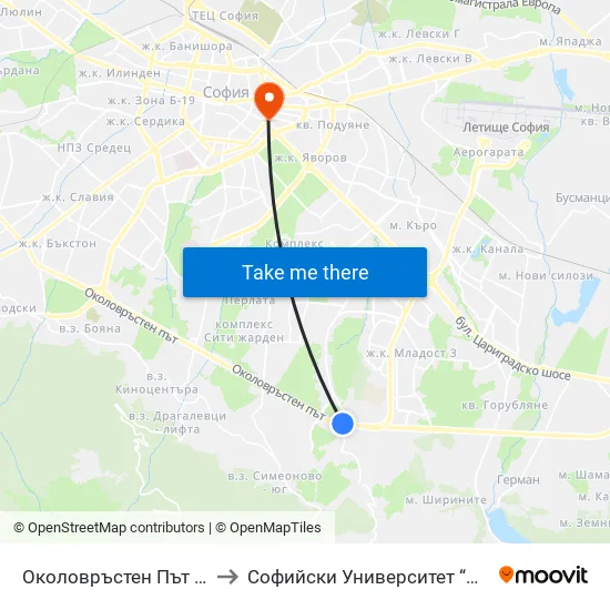 🛍️ Околовръстен Път / Ring Road (0414) to Софийски Университет “Св. Климент Охридски"" map