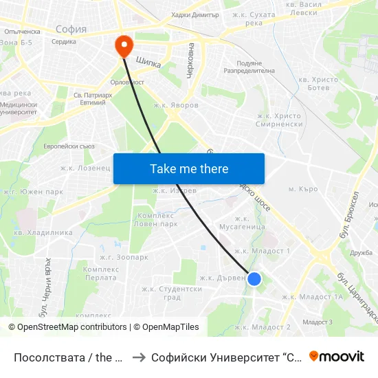 Посолствата / the Embassies (1401) to Софийски Университет “Св. Климент Охридски"" map