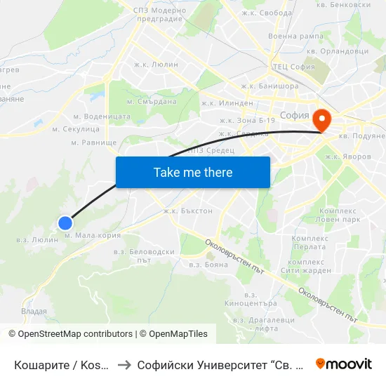 Кошарите / Kosharite (2714) to Софийски Университет “Св. Климент Охридски"" map