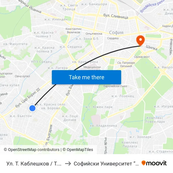 Ул. Т. Каблешков / T. Kableshkov St. (2208) to Софийски Университет “Св. Климент Охридски"" map