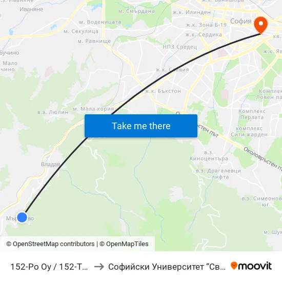 152-Ро Оу / 152-Th School (2283) to Софийски Университет “Св. Климент Охридски"" map