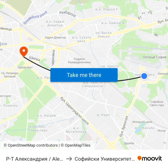 Р-Т Александрия / Alexandria Restaurant (2451) to Софийски Университет “Св. Климент Охридски"" map