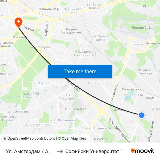 Ул. Амстердам / Amsterdam St. (2586) to Софийски Университет “Св. Климент Охридски"" map