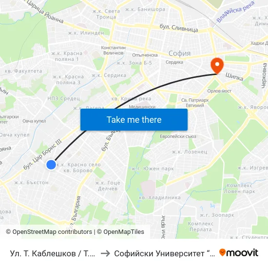 Ул. Т. Каблешков / T. Kableshkov St. (2207) to Софийски Университет “Св. Климент Охридски"" map